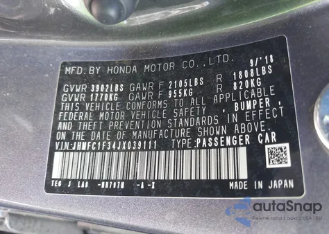 2018 Honda Civic Ex-T from USA, damaged, VIN JHMFC1F34JX039111